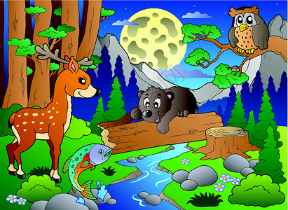 溪鱼各种动物的森林场景 2插画