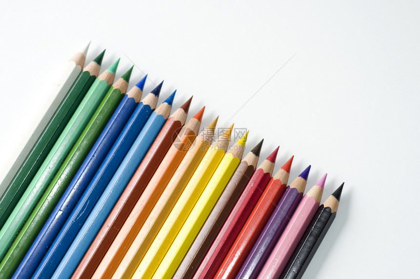 白背景上的铅笔绿色石墨橙子摄影黄色蓝色光源艺术绘画木材图片