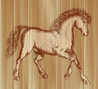 木头摇摇马跳马舞手绘棕色野生动物雕刻骏马插图木刻力量骑术野马插画