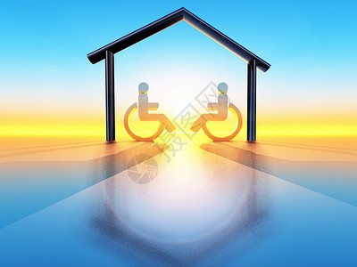 在家和有残疾的人士房子插图夫妻蓝色残障车轮背景图片
