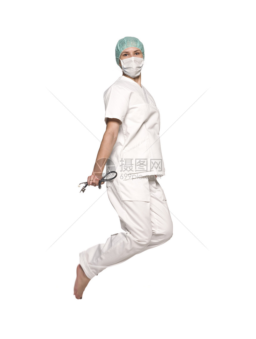 用听诊器跳跃护士手术专业白色微笑智力女性医学职业生活方式成人图片