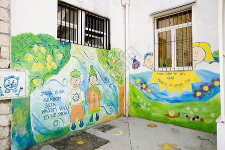 儿童背带艺术绘画展览蓝色长方形画廊边界童年女孩框架背景图片