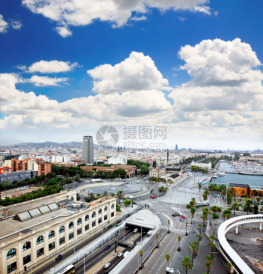 巴塞罗那市的空中观察办公室地标旅行椭圆形旅游城市摩天大楼景观游客吸引力图片