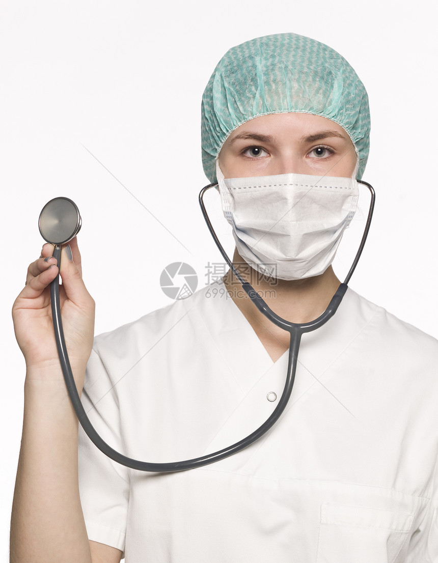 女性护士 其听诊器与白种背景隔离医护人员科学顾问保健医生考试口罩眼球手术医院图片