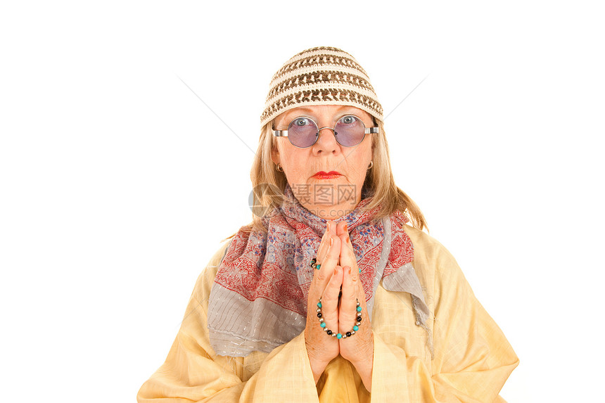 穿黄袍的新疯女人帽子珠子精神女性眼镜成人宗教长袍长老围巾图片