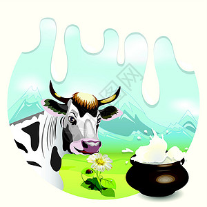 牛奶奶太阳草本植物村庄产品天空乳房插图空地奶牛奶油背景图片