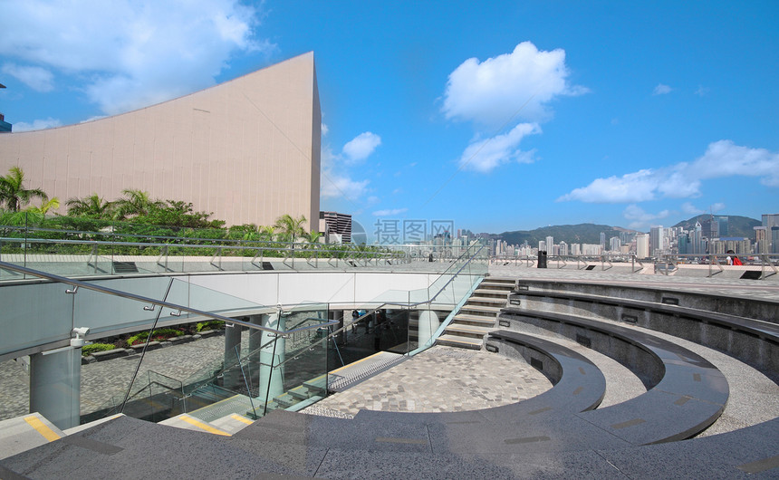 香港文化中心建筑结构 蓝色和蓝色的SK商业全景摩天大楼城市金融旅行办公室景观场景港口图片