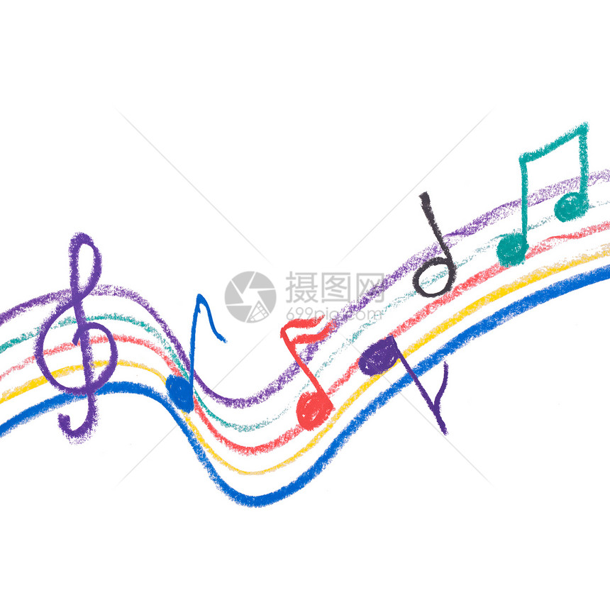 白色上的色彩多彩的音乐符号漩涡唱歌黄色蜡笔创造力艺术蓝色岩石铅笔曲线图片