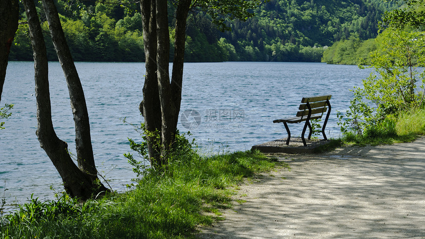 湖上空的长凳椅子休息车道公园木头阴影途径人行道场景孤独图片