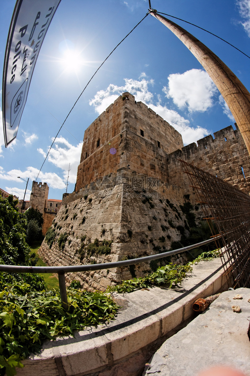 耶路撒冷旧城古老城堡的鱼眼观考古建筑学都市鱼眼堡垒历史石头失真风化考古学图片