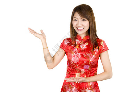 中国新年快乐成人快乐问候语女士女孩女性旗袍传统文化手势背景图片