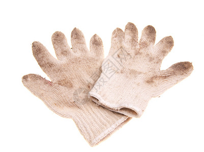 旧工作手套棕榈材料安全工人灰尘手指工业齿轮劳动白色背景图片