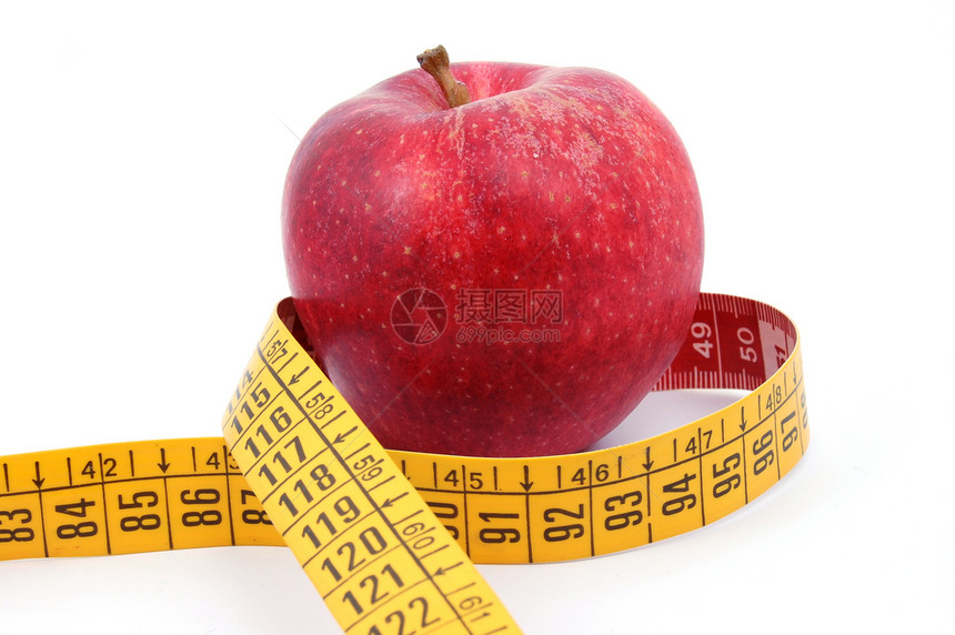 苹果和白色的测量胶带红色减肥控制磁带腰部饮食食物损失疾病医疗图片