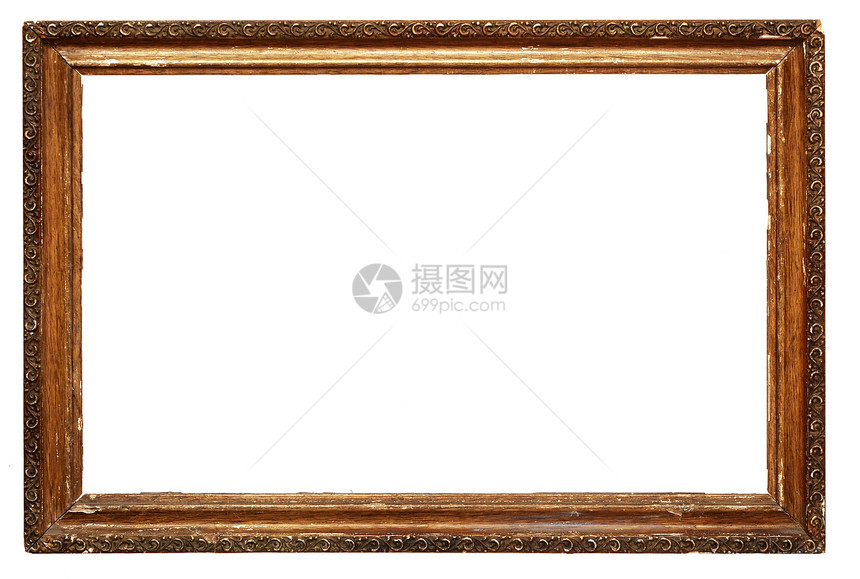 白色背景上孤立的空金色旧框装饰品持有者边缘摄影木头推介会金子镂空艺术雕刻图片