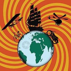重型运输装置地球航行世界飞机摩托车自行车直升机行星插图背景图片