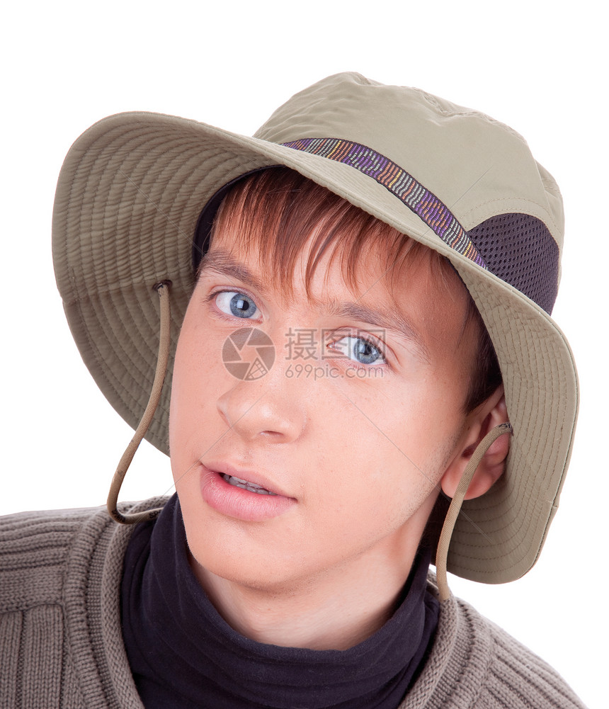 一位年轻游客的肖像画假期毛皮男生旅行工作室快乐帽子成人男人场景图片