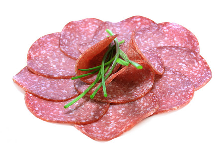 Salami切片熟肉用餐录音室面包香肠香肠片韭菜猪肉食品背景