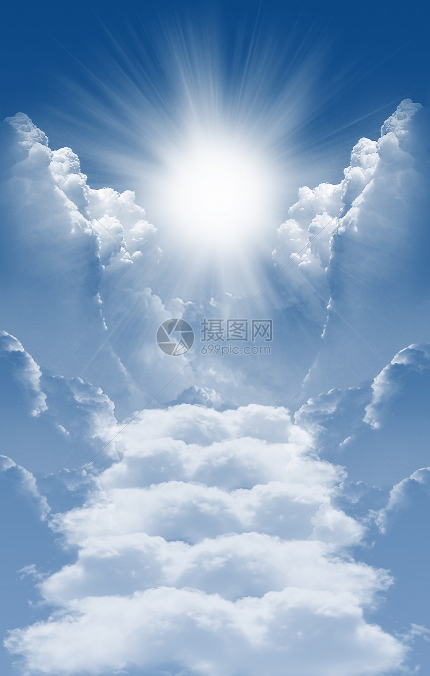 云和太阳在幕后的照片蓝色楼梯太阳宗教白色上帝光线图片