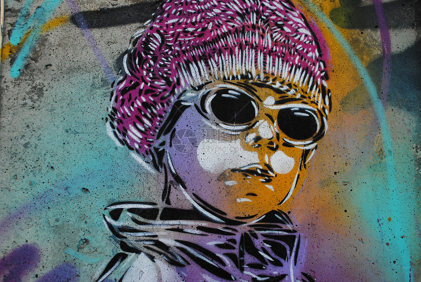 拼贴细节艺术家青年孩子艺术太阳镜喷漆涂鸦标签城市文化图片