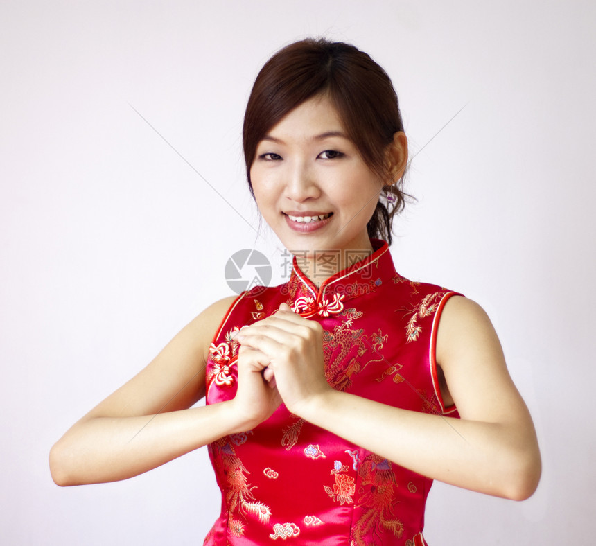 中国新年快乐姿势问候语旗袍幸福裙子手势戏服季节日历女士图片