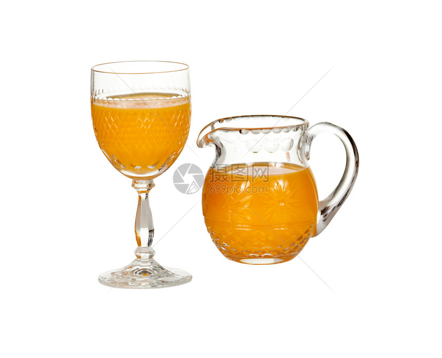 装满橙汁的杯子和壶子热带营养液体水果玻璃早餐饮食高脚杯食物口渴图片