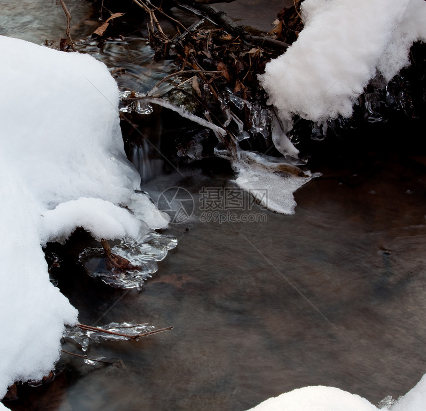 小排雪流荒野反射岩石寒冷环境冰柱寒意森林枝条跑步图片
