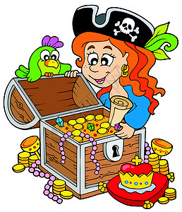 海盗女人打开财宝箱插画