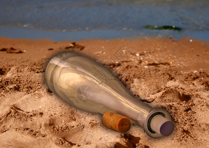在沙滩上装瓶子和口信背景图片