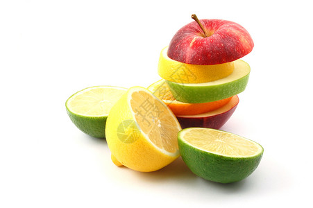 白色背景上的苹果概念香橼柠檬果味红色热带水果绿色杂货店橙子背景图片