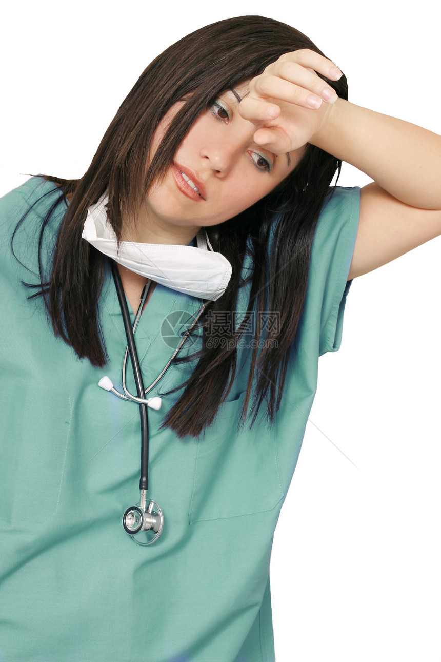 疲劳保健专业a外科女孩们黑发护士药品卫生压力实习生蓝色厌倦图片