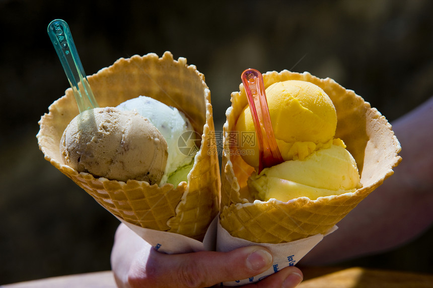 用冰淇淋握着锥子的手食物锥体短号营养糖果勺子食品晶片晶圆胡扯图片