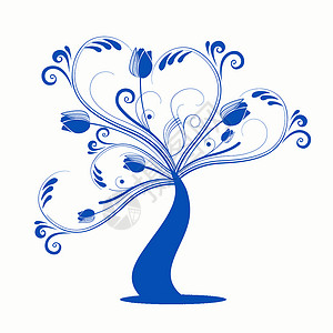白色漩涡艺术树叶子生长装饰蓝色植物插图季节漩涡风格树干插画