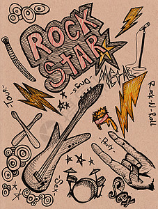 手绘面条线稿摇滚明星面条卷曲岩石漩涡声学插图吉他协议电气星星工作室背景