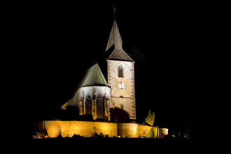 夜间Hunawihr 法国Alsace建筑物小夜灯建筑学旅行教会照明外观夜景夜灯国家背景图片