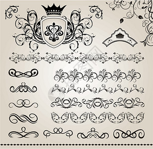 成套花形设计要素5叶状邀请函文档插图标签控制板花丝卡片滚动纹章背景图片