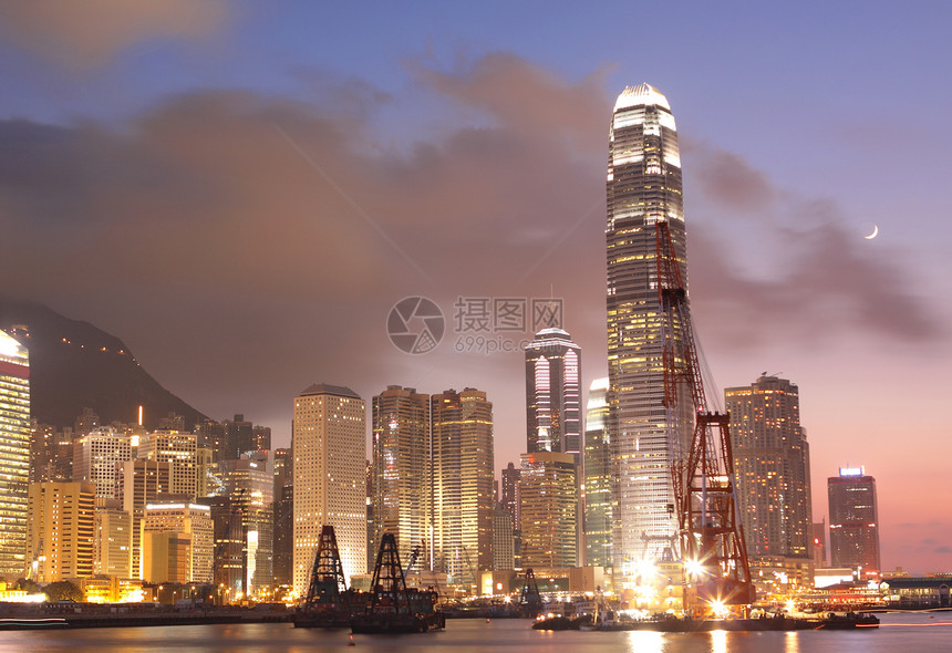 香港日落公司天际夜生活蓝天场景天空中心魔法经济港口图片