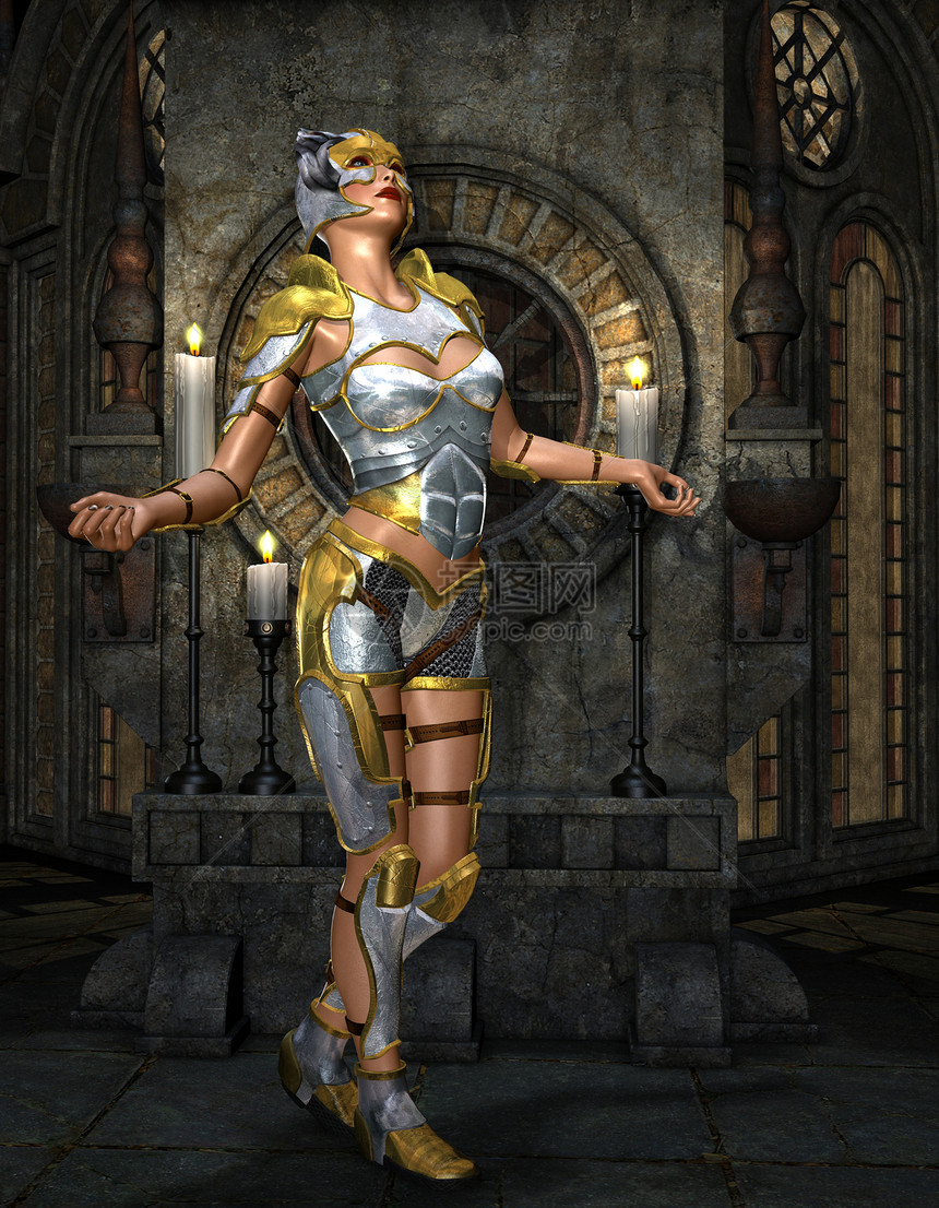 身穿金神殿银盔甲的女勇士图片