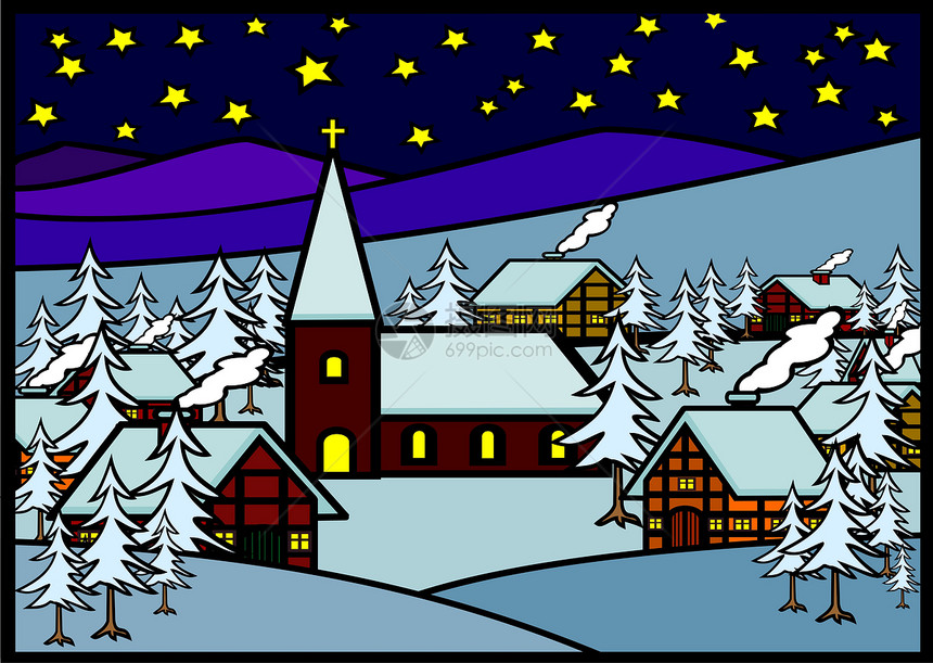圣诞村村庄白色教会蓝色星星乡村树木图片