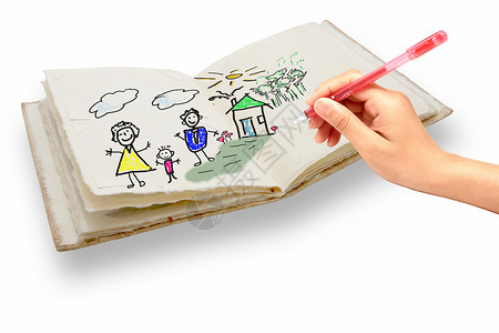 绘画幸福家庭 笔在手上兄弟父母涂鸦作品漫画手绘天空圆圈太阳餐巾背景图片