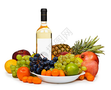 死生     白水果中白葡萄酒的瓶子背景图片