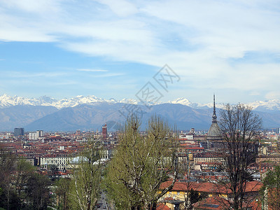 卡布奇尼山酒店都灵视图中心天际山脉爬坡城市天线全景鸟眼背景