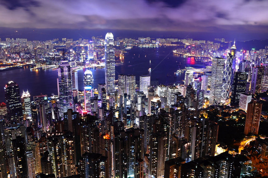 晚上在香港的天花板旅行商业市中心住宅社区摩天大楼城市天空海岸蓝色图片
