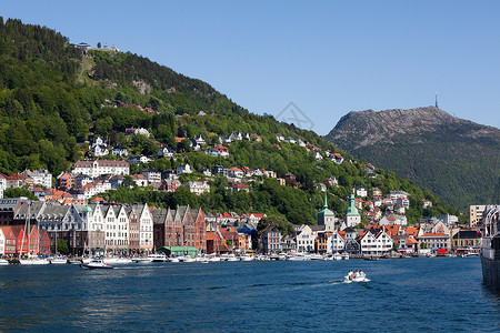 挪威卑尔根夏天的卑尔根港背景