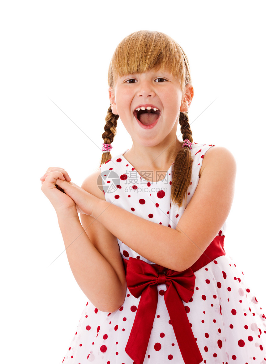 笑笑女孩乐趣孩子快乐手势红色裙子幸福白色享受活力图片