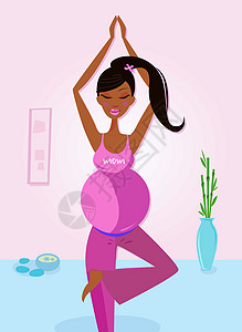 拿着花孕妇做瑜伽 树姿势的黑皮肤女孕妇插画