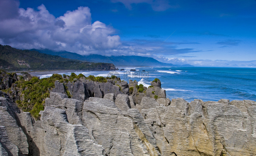 Punakaiki 煎饼摇滚地标石灰石地平线饼子冲浪项目旅游石头支撑地质学图片