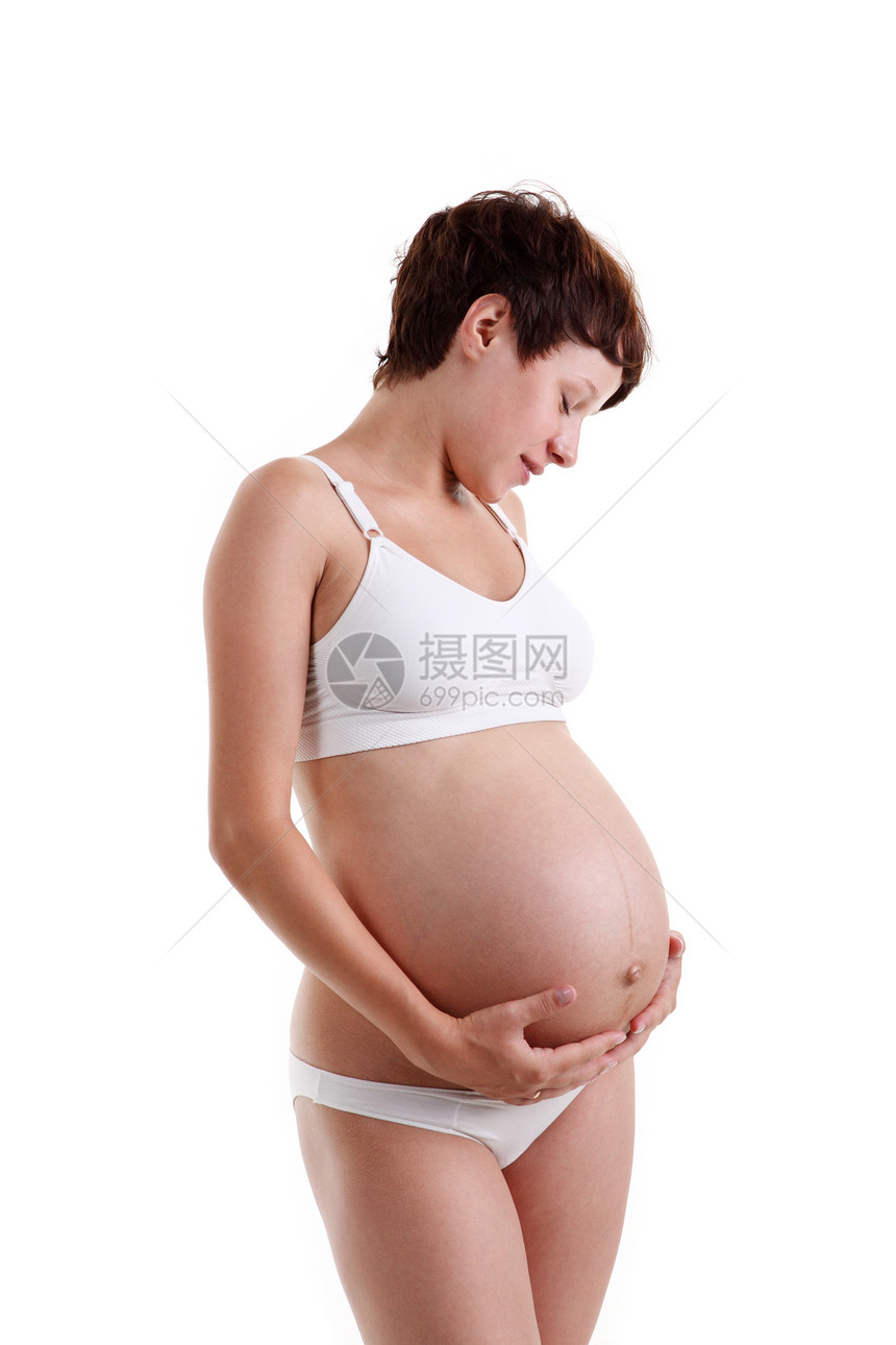 穿内衣的怀孕少女父母肚子成人女性白色幸福生活女孩女士身体图片