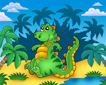 用棕榈来坐着可爱的恐龙背景图片