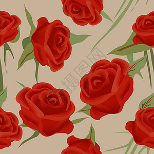 无缝玫瑰花墙纸风格繁荣叶子漩涡滚动织物绿色红色玫瑰背景图片