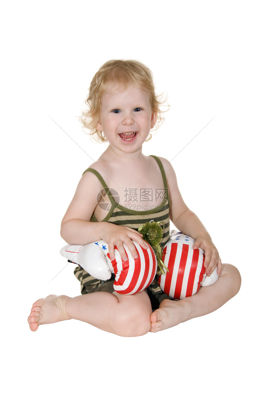 带有拳击手套的女孩裙子快乐白色婴儿女孩们孩子女性金发图片